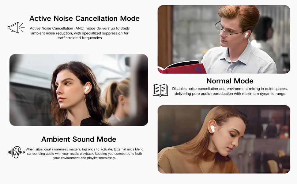 three modles earbuds in subway in office and in library context