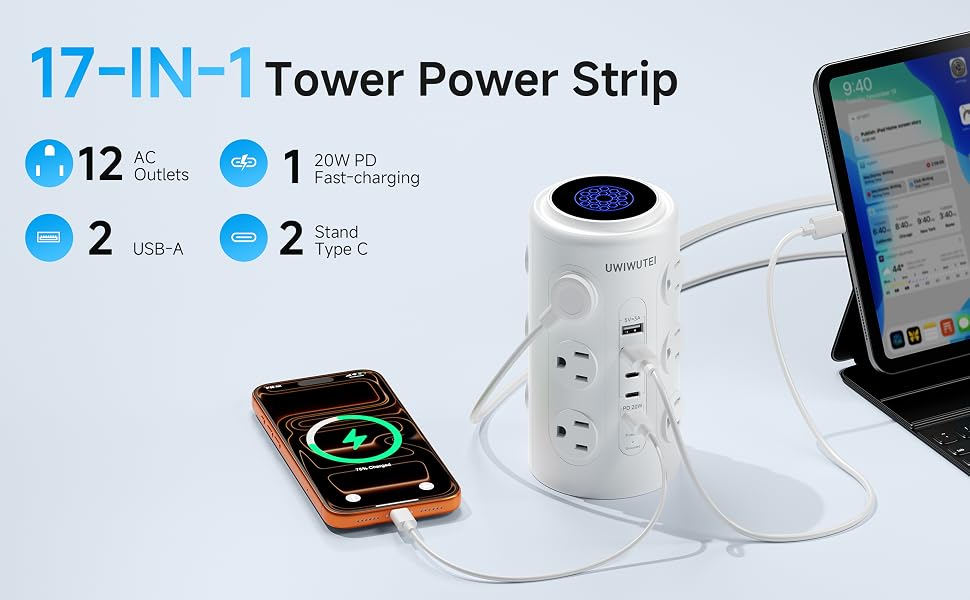 Tower Power Strip with 1 Dedicated PD 20W Fast-Charging Port
