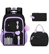 3Pcs Black Purple Backpack for Girls with Lunch Box Kids School Bag with Heart Coin Purse Bookbag...