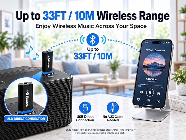 Bluetooth audio receiver with up to 33FT wireless range and direct USB audio connection
