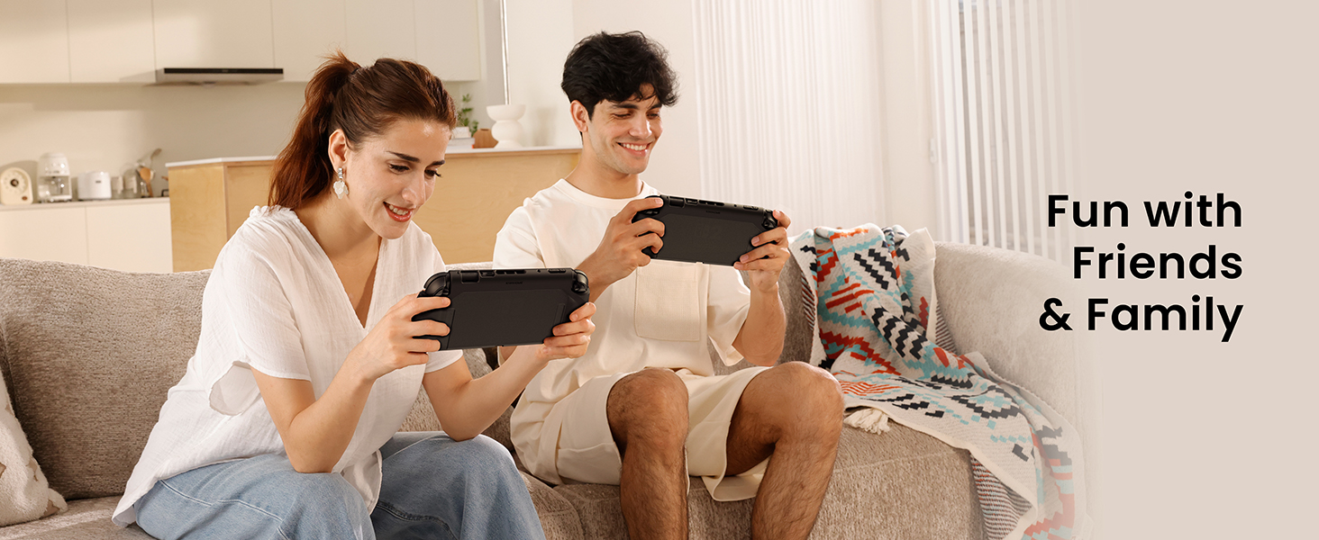 Text reads 'Fun with Friends & Family'. Multiple lifestyle scenes showing people using electronic devices while relaxing on couches.