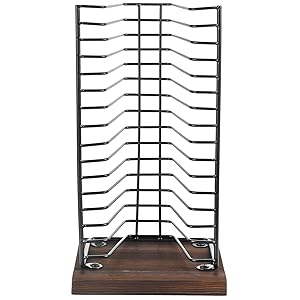 Matte Black Metal Wire Vertical Compact Disc Holder with and Burnt Wood Base