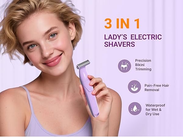3-in-1 design for, legs, and underarm. Pain-free hair removal, waterproof for wet & dry use.