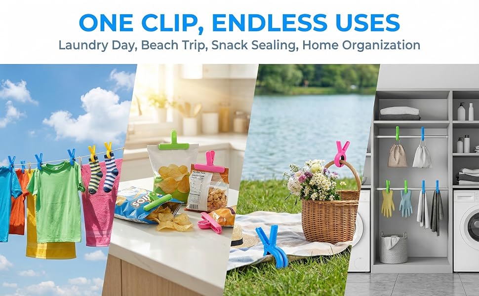 Versatile multi-use clips for laundry, snacks, and home organization.