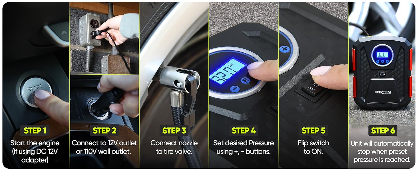 Easy 6-step setup: just plug in, set your pressure, and the inflator stops automatically when done.