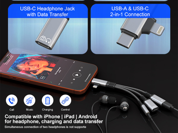 a usb c to 3.5mm headphone and charger adapter, also a usb c to usb c headphone and charging adapter