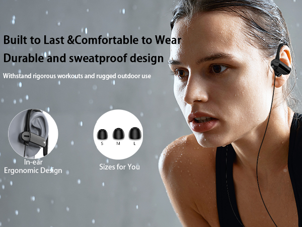 Wireless earbuds promotional image highlighting ergonomic design, sweatproof features, and multiple size options for comfortable wear during workouts.