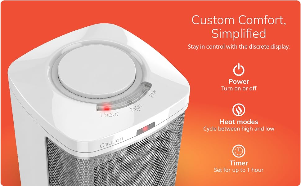 Image of heater manual display with text reading custom comfort simplified.