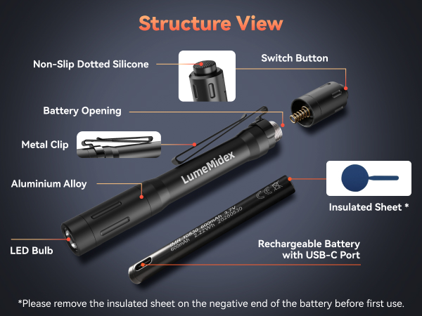 Pen Light, Pocket EDC Flashlight, Rechargeable, LED Pen Flashlight, Waterproof Flash Light