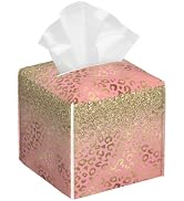 Golden Glitter Leopard Tissue Box Holder,Square Leather Tissue Box Cover with Bottom Belt,Waterpr...