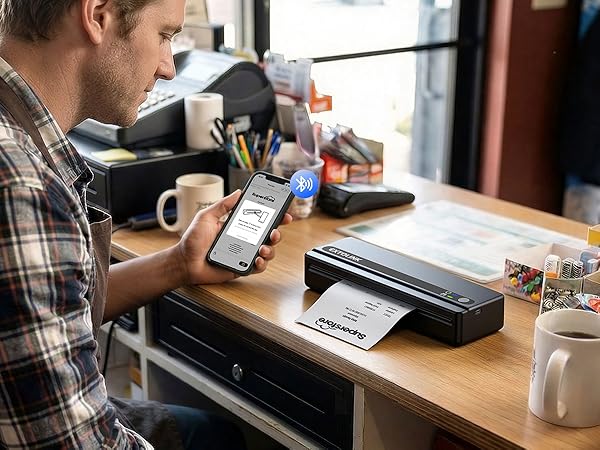 Series of images showing someone using digital devices and working at a wooden desk with coffee cup and other office supplies.