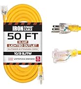 Iron Forge Cable Outdoor Extension Cord 50 Ft - 10 Gauge Heavy Duty Extension Cord, 15 AMP, 10/3 ...