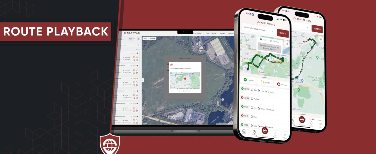 Route playback feature shown on multiple devices: a large monitor displaying a satellite map view and two smartphones showing detailed route information with green paths.