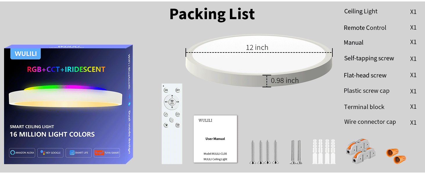WULILI Smart RGB Ceiling Light with complete package contents and accessories