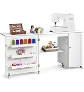 Giantex Folding Sewing Craft Table, 3 Storage Bins, Side Cabinet, Interior Shelf, Rolling Sewing ...