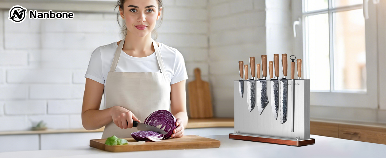knife magnetic holder block kitchen knives storage rack set organizer wooden wood chef magnet stand