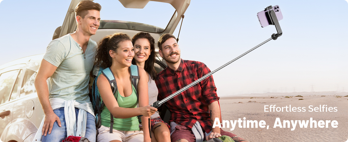 Extendable selfie stick holding smartphone to capture group photo. Text overlay reads 'Effortless Selfies Anytime, Anywhere'. Product shown in use outdoors.