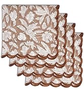 Ridhi Oak Brown Hand Block Print Embroidred Cotton Napkin in 18x18 Set of 4 Reusable Dinner Napki...