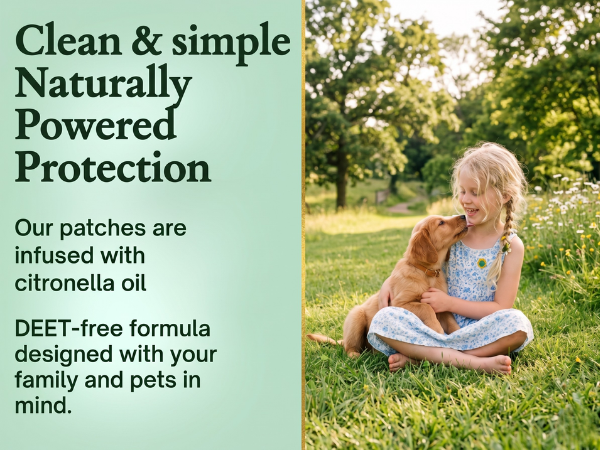 Girl wearing a mosquito patch playing with a puppy outdoors, family and pet friendly