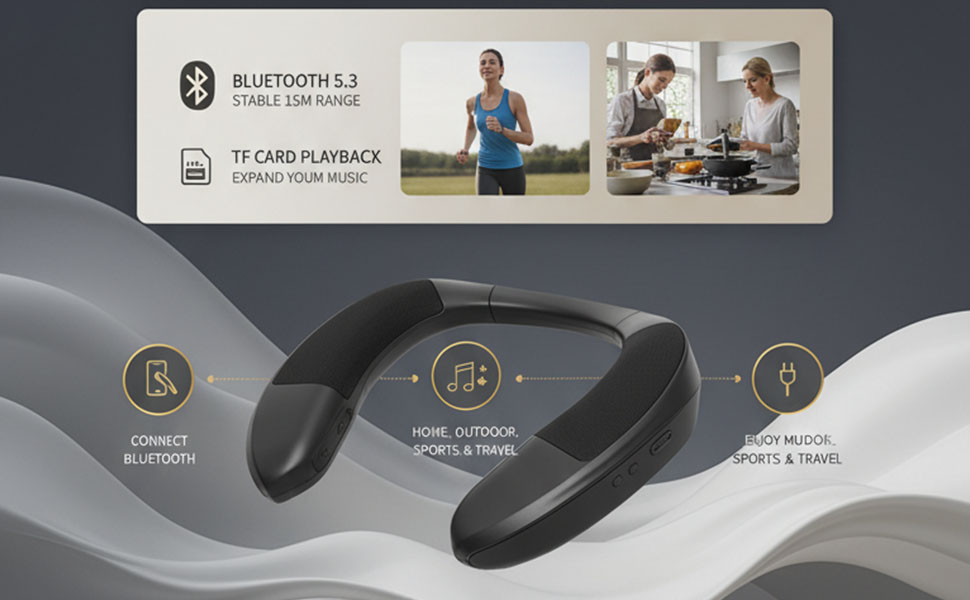 Product interface display showing multiple circular icons and control elements on dark background with lifestyle usage images in banner.