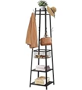 VECELO Coat Rack Freestanding,Hall Tree with Metal Basket and Storage Shelves,Industrial Coat Rac...