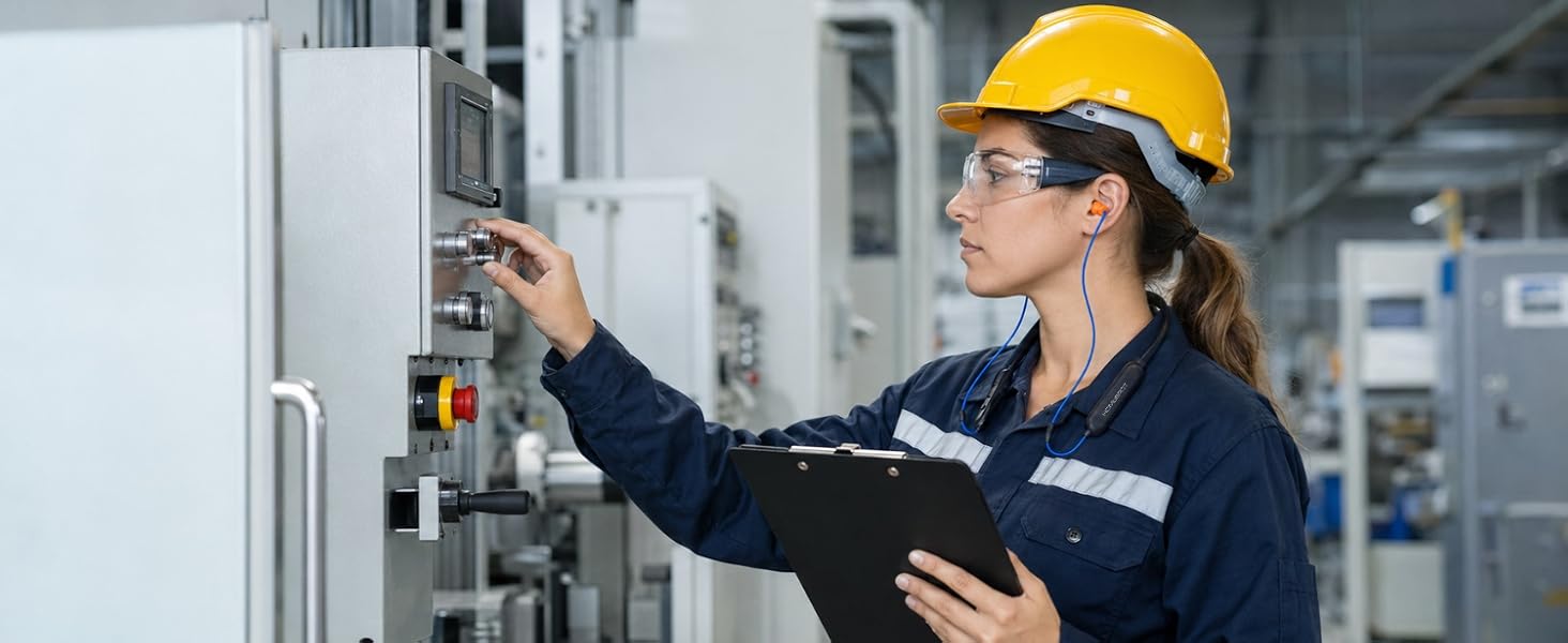 A woman working at the factory while using HomeSpot Neckband