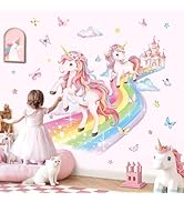 decalmile 2 Large Unicorn Rainbow Wall Decals Fairy Castle Cloudy Butterfly Wall Stickers Girls B...