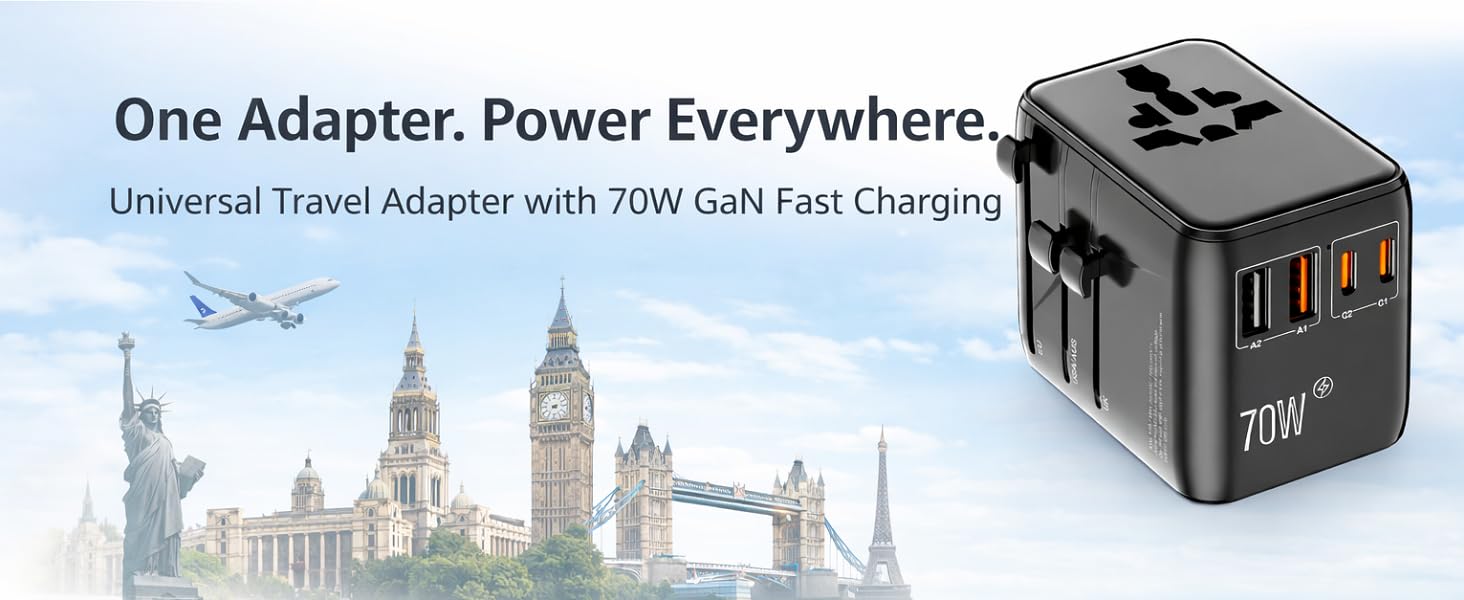 travel adapter 70W type c worldwide japan thailand UK Europe