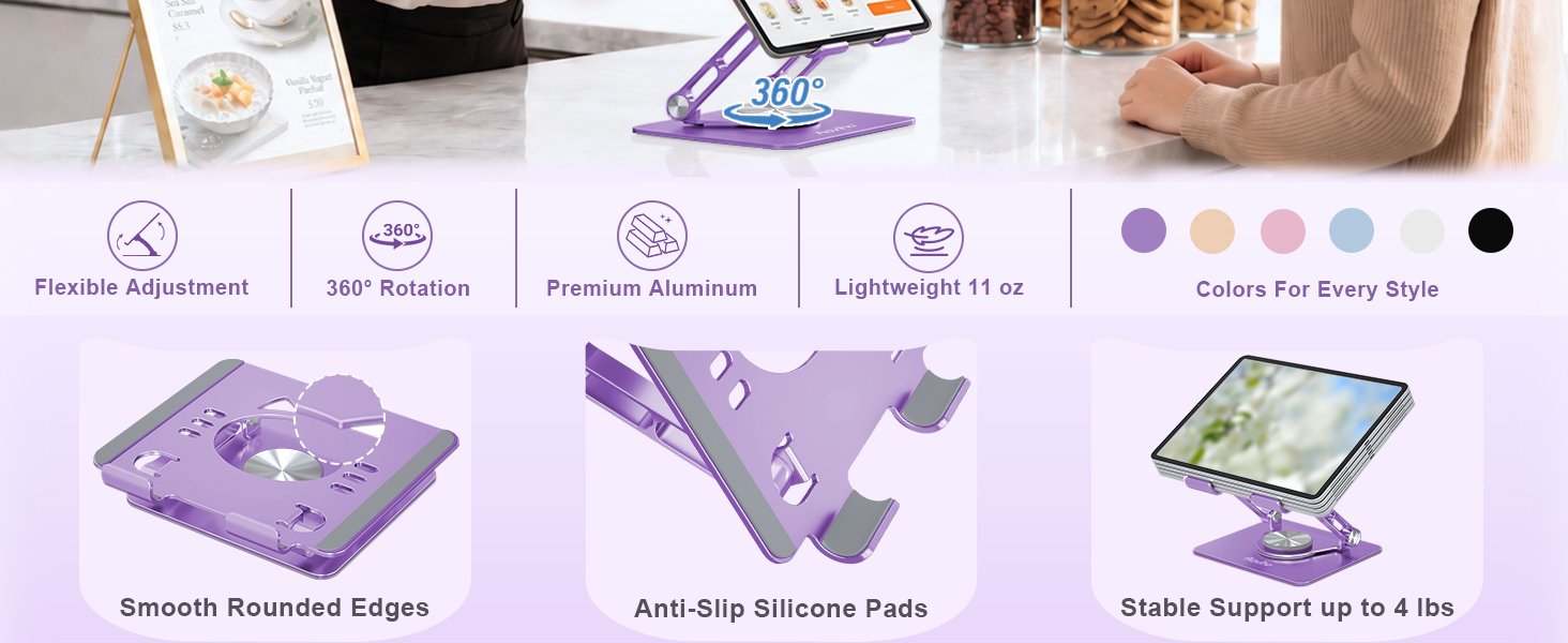 Aluminum portable tablet holder with anti-slip pads, rounded edges and stable support design