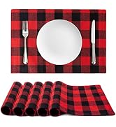 HAKACC 6 PCS 19"x12" Christmas Holiday Placemats Buffalo Plaid Placemats Red Black Reversible Pla...