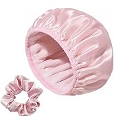 Yonchic Three-Layer Terry Cloth Lined Satin Shower Cap, with Silk Hair Ties, Microfiber Waterproo...