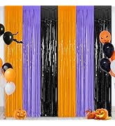 2 Pack Halloween Backdrop, 3.28 FT x 7.05 FT Foil Fringe Curtains, Orange Purple Black Party Stre...