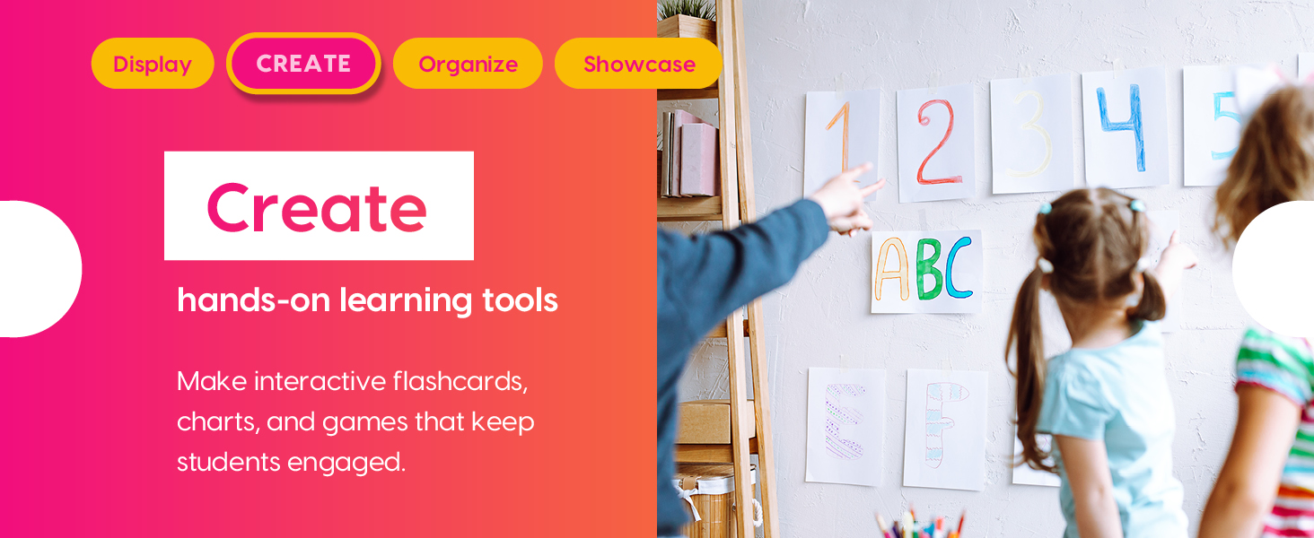 Display create organize showcase, create hand-on learning tools make interactive flashcards, charts