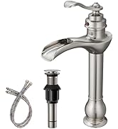 BWE Vessel Sink Faucet Waterfall Brushed Nickel with Pop Up Drain Assembly and Supply Hose Single...