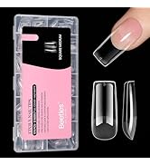 Beetles Nail Tips Medium Square 576Pcs 12 Sizes - Pre-Etched Soft Acrylic Nail Tips Half Matte Fa...