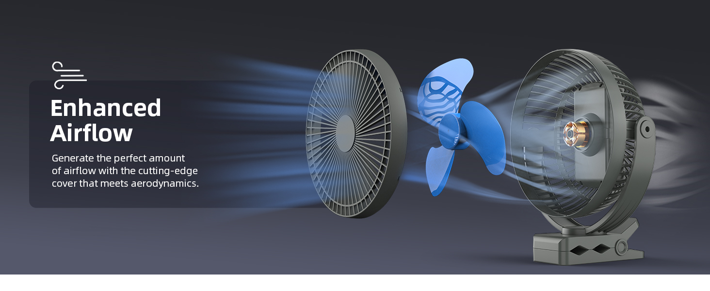 Technical diagram showing enhanced airflow system with fan blades and blue airflow indicators, demonstrating air circulation pattern.