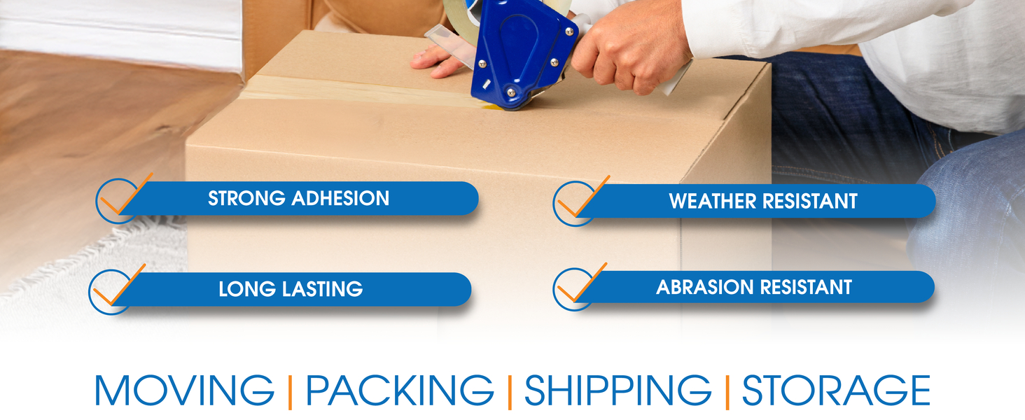 Text describes the strong weather and abrasion-resistant adhesive for moving, shipping, and storage