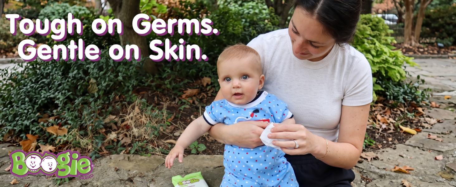 Tough on Germs. Gentle on Skin. Boogie antibacterial hand wipes