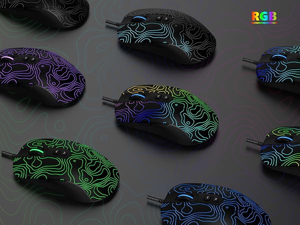 Wired Gaming Mouse,Black RGB Mouse,Computer Mouse Topographic