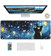 Velluxion Starry Night Cat Mouse Pad, 31.5 x 11.8 Large Desk Mat with Stitched Edges & Non-Slip B...