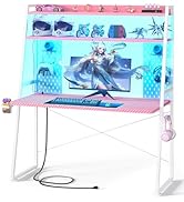 Small Gaming Desk with Hutch and LED Lights, Gaming Computer Desk with Power Outlets, Gamer Desk ...