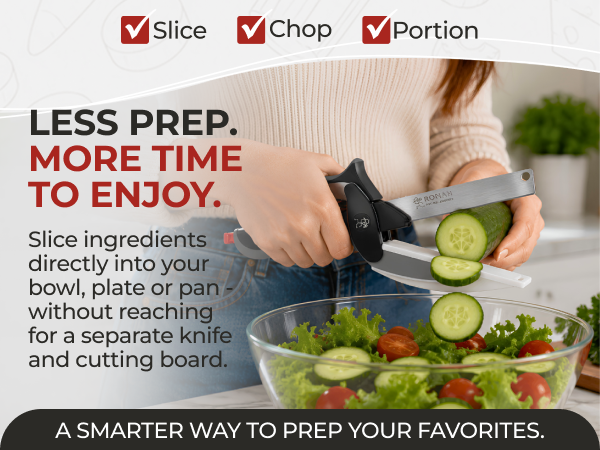 Woman slicing cucumber into salad bowl with 2 in 1 kitchen scissors and cutting board