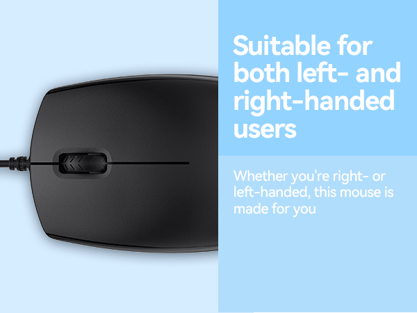 Text reads 'Suitable for both left- and right-handed users' and 'Whether you're right- or left-handed, this mouse is made for you.' Black ergonomic computer mouse on light blue background.