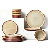 Pokini Dinnerware Set for 4, Ceramic Dish Sets, Plate and Bowl Set, Microwave & Dishwasher Safe D...