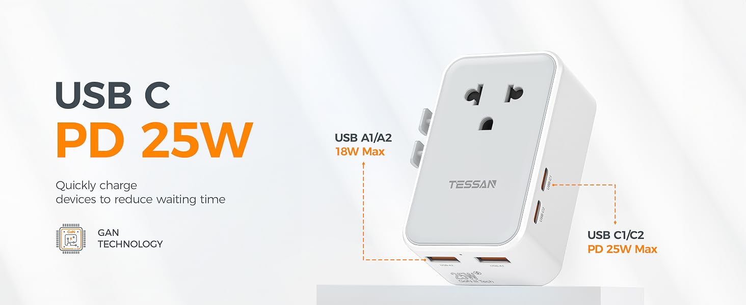 Worldwide Plug Adaptor with 2 USB A 2 USB C for US to European UK Australia Ireland