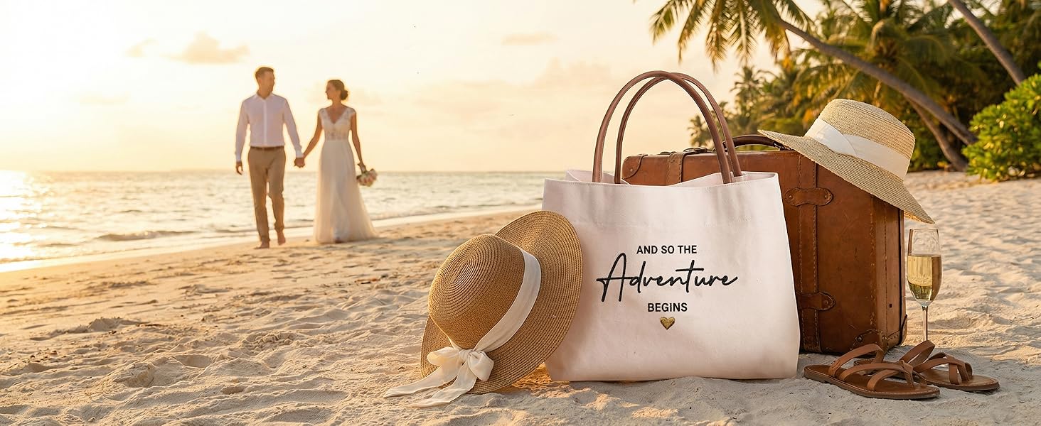 A couple walking on a tropical beach next to a honeymoon gift tote bag and vacation essentials.
