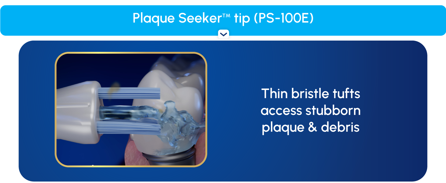 Image of Plaque Seeker floss tip with text reading thin bristle tufts access stubborn plaque.