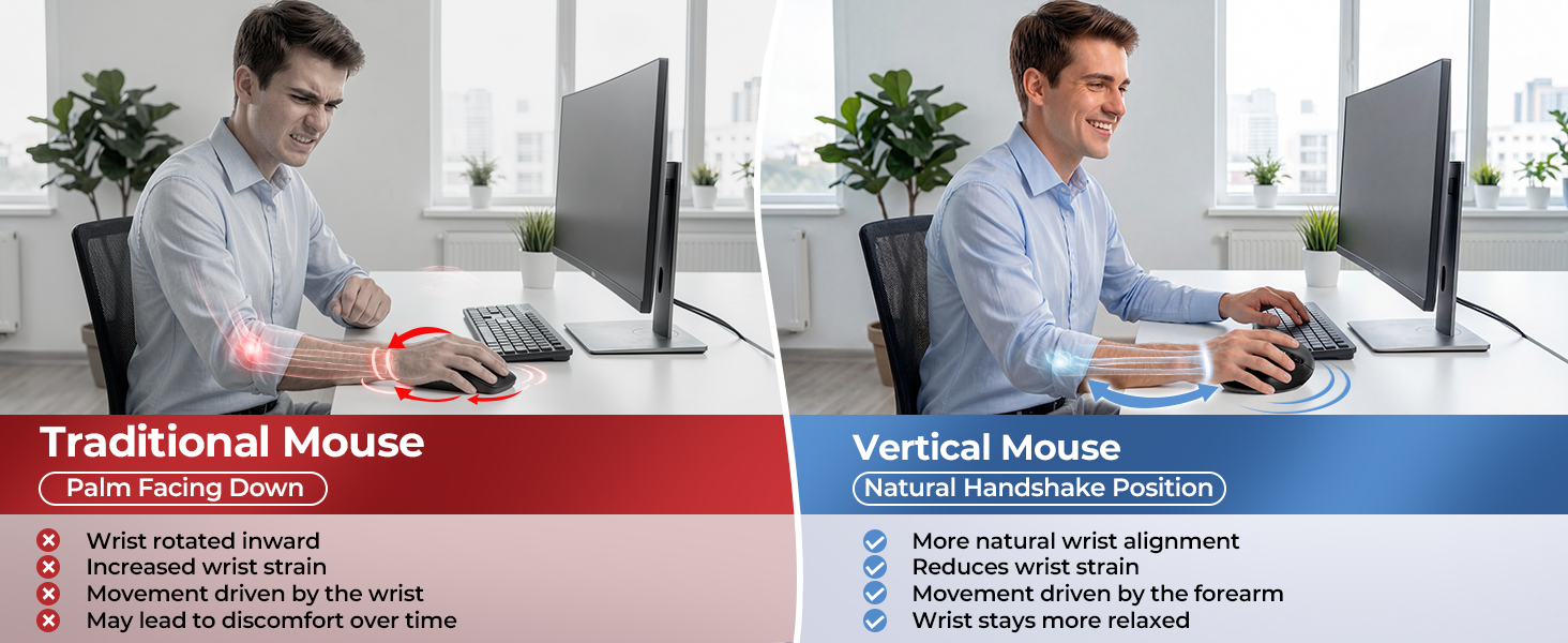 Text reads: 'Traditional Mouse', 'Vertical Mouse'. Split-screen comparison showing man using traditional mouse (left) versus vertical ergonomic mouse (right) at computer workstations.