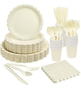 Goodluck Ivory Scalloped Disposable Tableware Set - 350PCS (50 Guests), 7"&9" Plates, 9oz Cups, N...