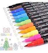 SAYEEC Double Line Outline Pens, 12 Colors Art Glitter Outline Markers Set, 0.7 mm Self-Outline M...